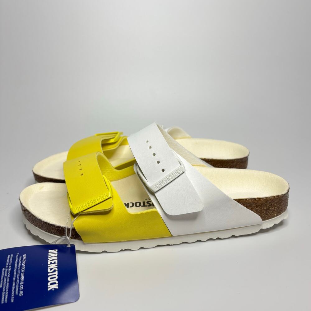 Birkenstock Arizona Split Two Strap Sandals in White/Lime Sour (Narrow) - Picture 2 of 9
